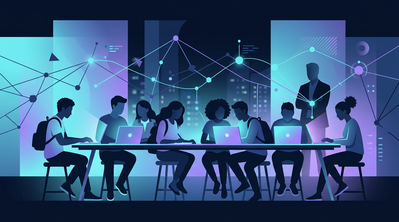 Illustration of students learning together with mentor support